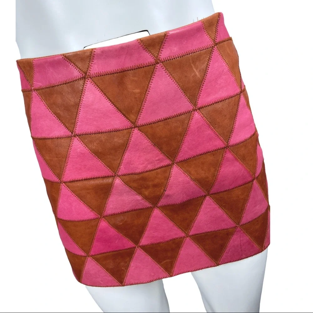 Kelly Wearstler Iraz Leather Mini Skirt- Magenta & Cognac Sz 8 - Picture 9 of 11